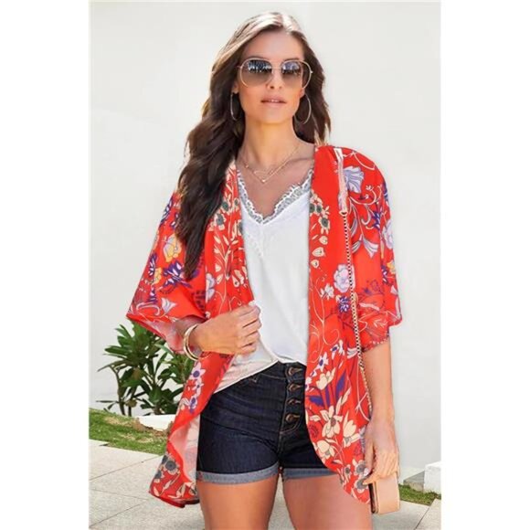 Women's Floral Print Puff Sleeve Kimono Cardigan Loose CoverUp Casual BlouseTops - Picture 2 of 7